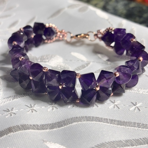 Hand Crafted Jewelry - Handmade Amethyst Gemstone Bracelet rose gold tone lobster claw clasp 7.5 inches